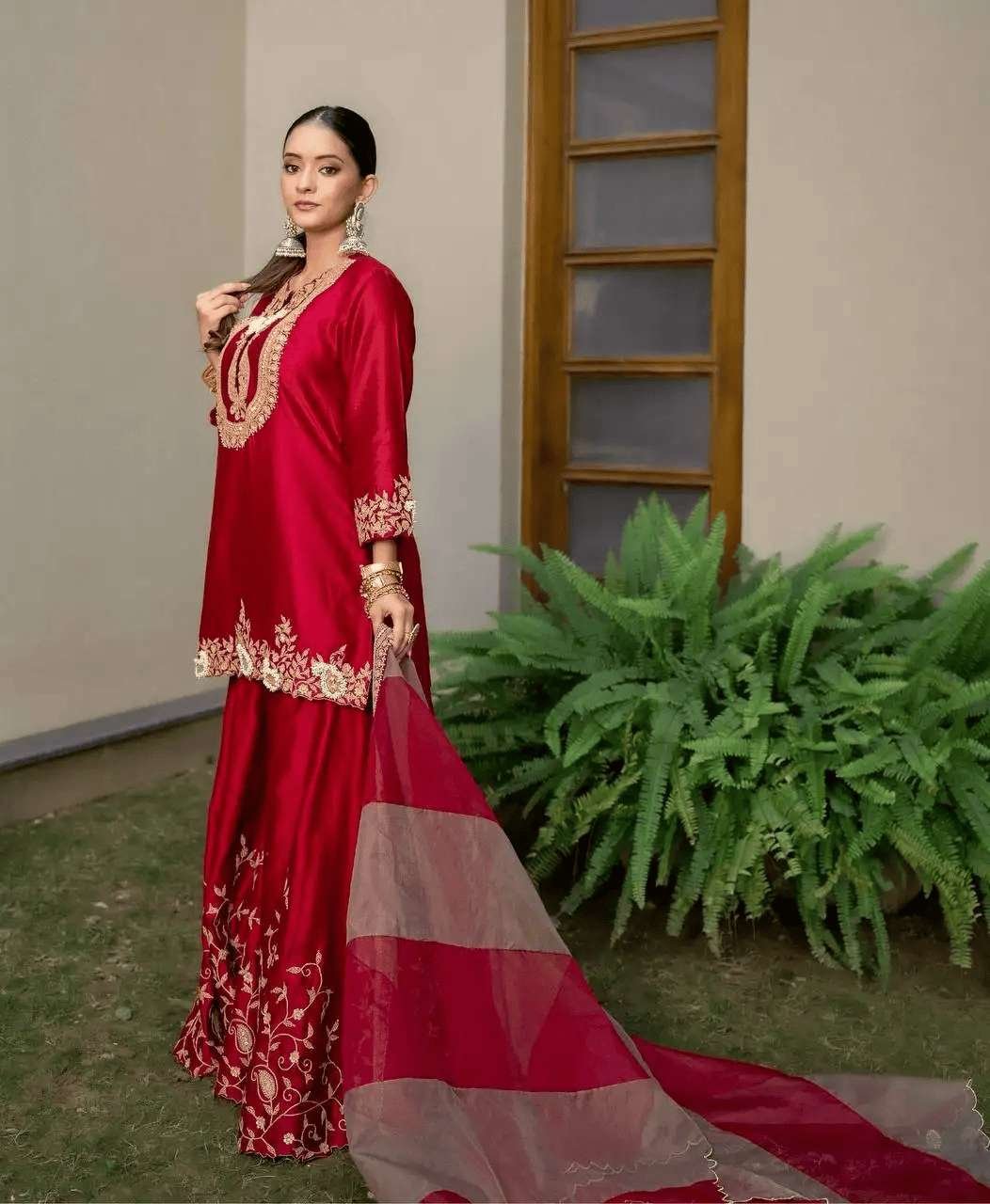 Women's Chinon Silk Sequence Embroidery Work Straight Kurti With Sharara Suit and Dupatta Set